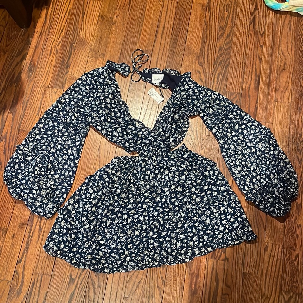 Sky to Moon Cutout Floral Dress, Color: Blue/White, Size: S